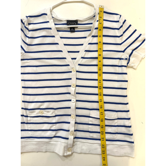 Chaps Cardigan Sweater Womens Medium Striped Short Sleeve Pockets Closet Staple - Picture 8 of 8